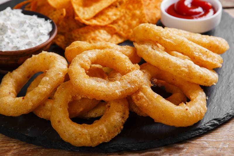 Fried Onion Rings in Batter with Sauce Chips Stock Image Image of
