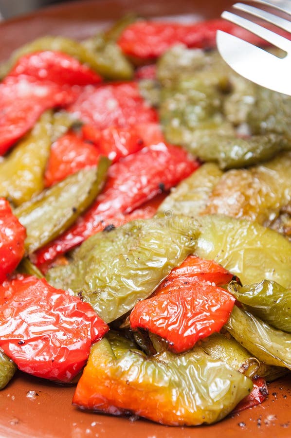 Fried Peppers De Padron or Green Pimientos in a Traditional Spanish