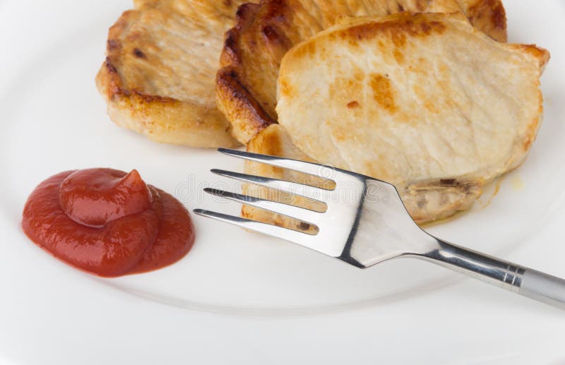 Fried Pork Cutlet, Tomato Sauce on Plate Stock Photo Image of fork