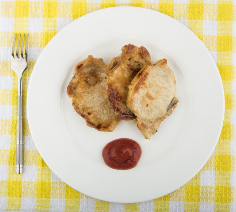 Fried Pork Cutlet, Tomato Sauce in Plate on Tablecloth Stock Image