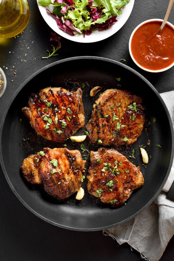 Fried Pork Steaks in Frying Pan Stock Photo - Image of closeup, grill ...