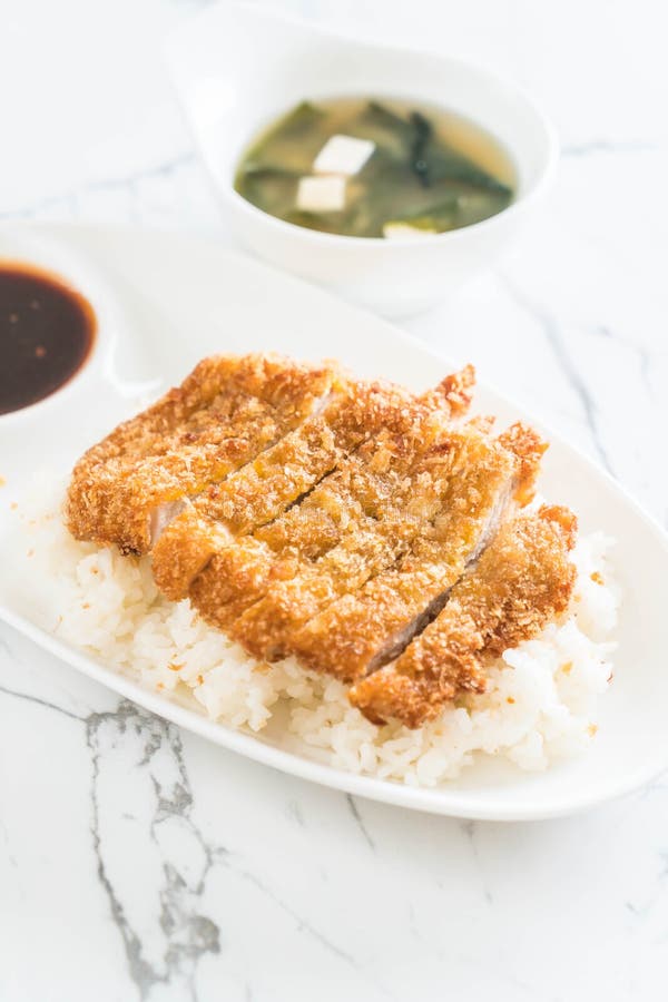 Fried Pork on Topped Rice (tonkatsu) with Miso Soup Stock Photo - Image ...