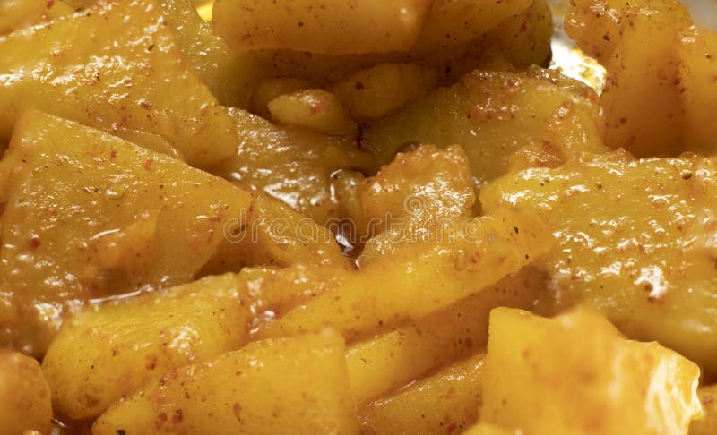 Fried Potato Dish with Red Chili Close Up Short, Macro Shot Photo