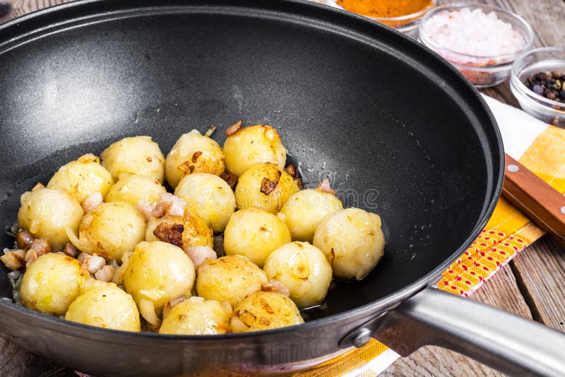 Fried Potato Dumplings with Bacon in Frying Pan Stock Image Image of
