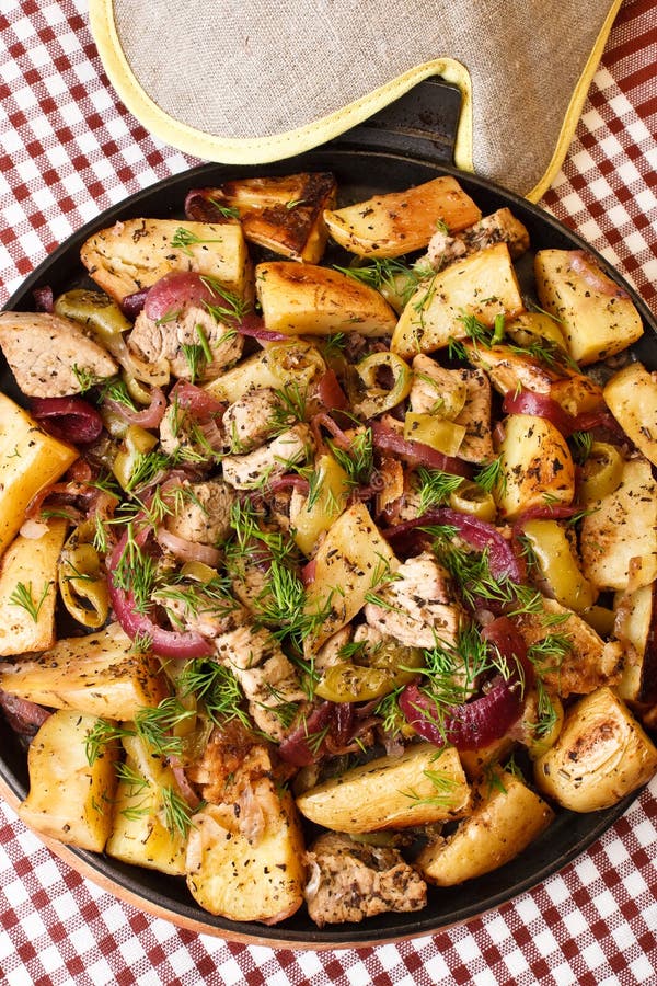 Fried potato with pork (top view)