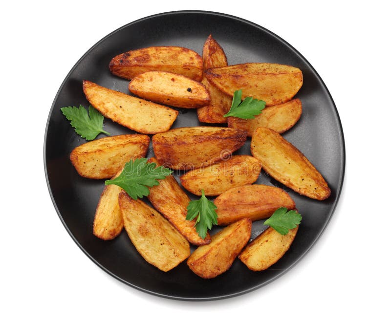 Fried Potato Wedges on Black Plate Isolated on White Background. Top ...