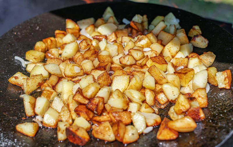 Fried Potatoes on a Fire or Grill. Stock Image Image of outdoor, heat