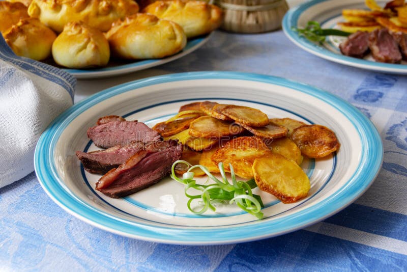 Fried Potatoes, Goose Breast and Green Onions Stock Image Image of