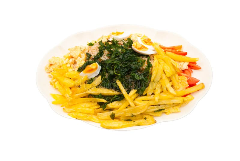 Fried Rice with Crispy Basil, Fried Potatoes, and Salted Eggs, Isolated