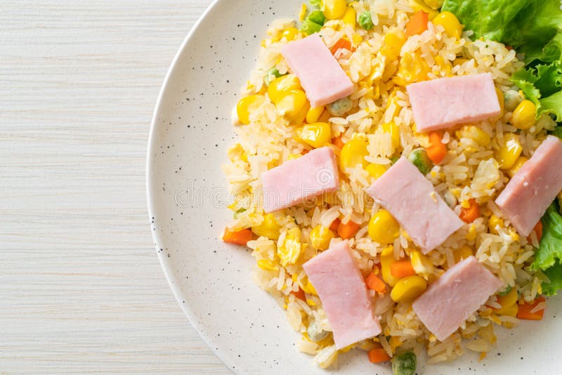 Fried Rice with Ham and Mixed Vegetable Carrot, Green Bean Peas, Carrot