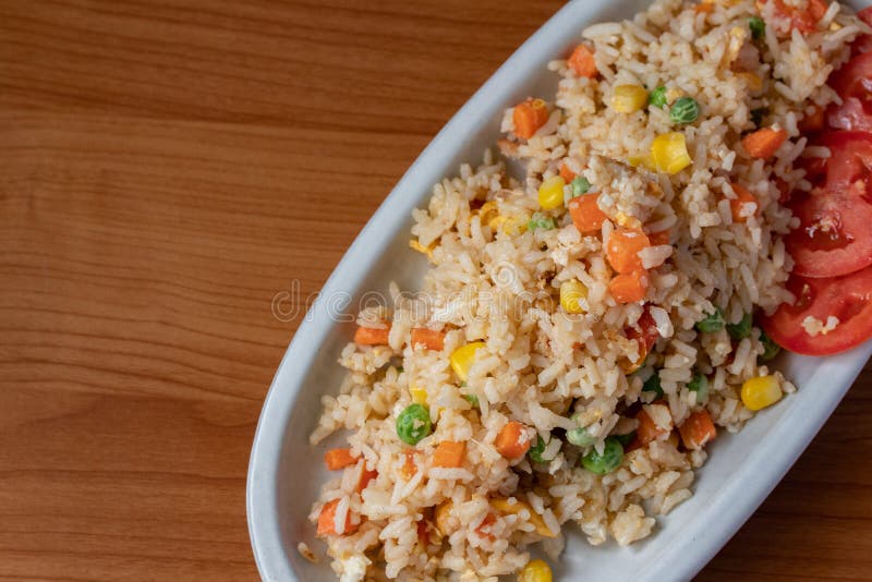 Fried Rice with Mixed Vegetables and Pork, Top View Stock Photo Image