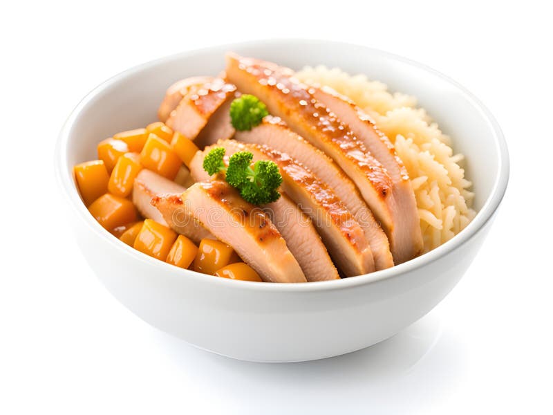 Fried Rice with Pork and Vegetables on White Plate, Isolated on White