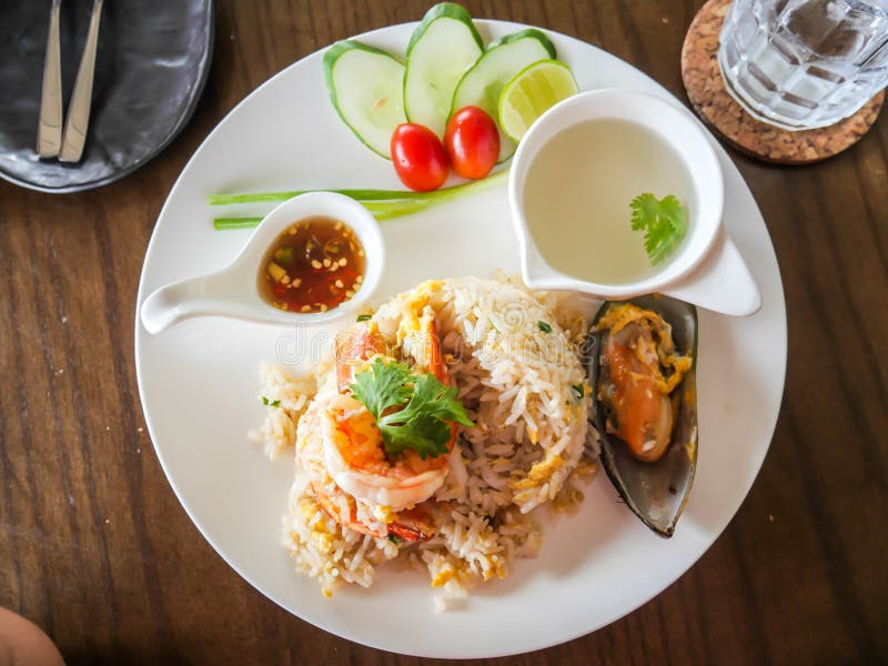 Unique Style Thai Shrimp Fried Rice Serves on the Dish, Seafood Stock