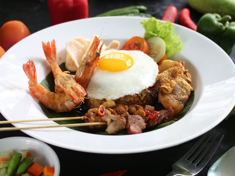 Special Fried Rice with Fried Chicken and Prawn Stock Image - Image of