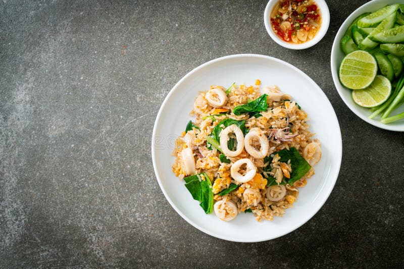 Fried Rice with Squid or Octopus Stock Photo Image of green, jasmine