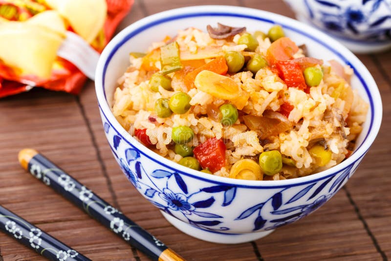 Fried Rice with Vegetables, Eggs and Mushrooms Stock Image Image of