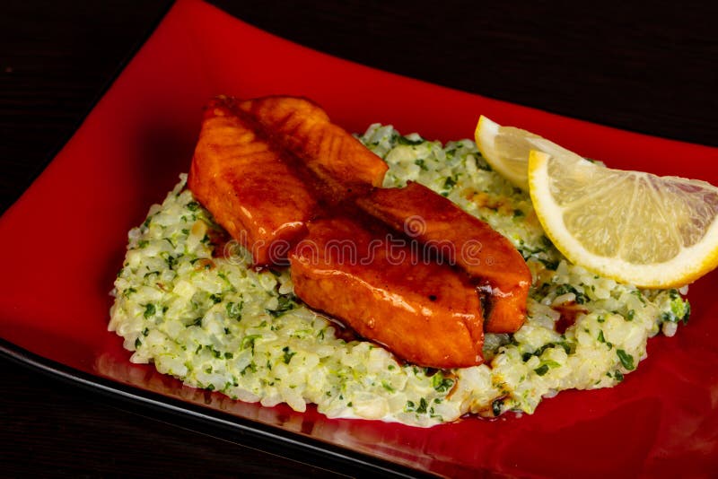 Fried salmon with rice stock photo. Image of fish, steak 121295262