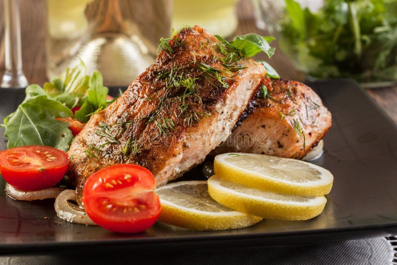 Fried Salmon Steak with Vegetables Stock Image - Image of fillet, meal ...