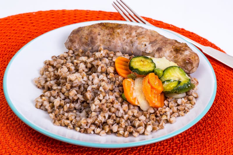 Fried Sausage with Buckwheat Stock Photo Image of grilling, green