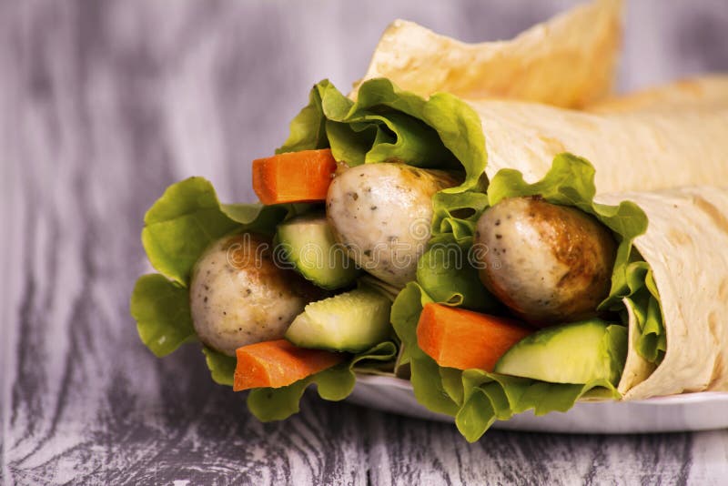 Fried Sausage in Pita Bread Stock Photo Image of bread, food 91461960