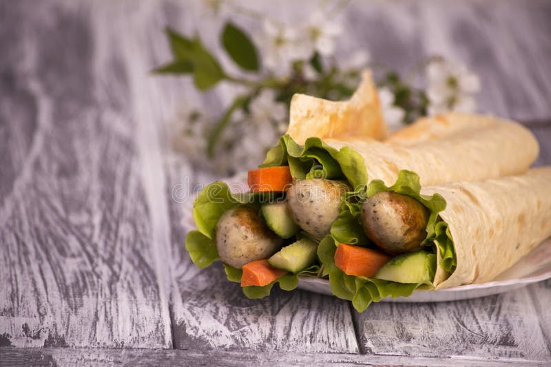 Fried Sausage in Pita Bread Stock Photo Image of salad, pita 91462002