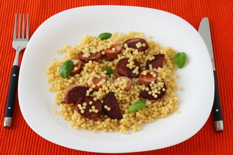 Fried Sausages with Couscous Stock Photo Image of dinner, sausage