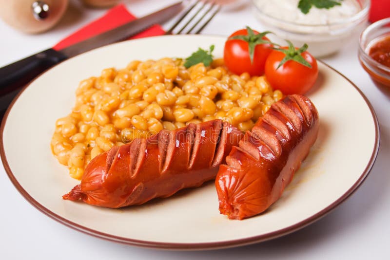 Fried Sausages with White Beans Stock Photo Image of sausage, german