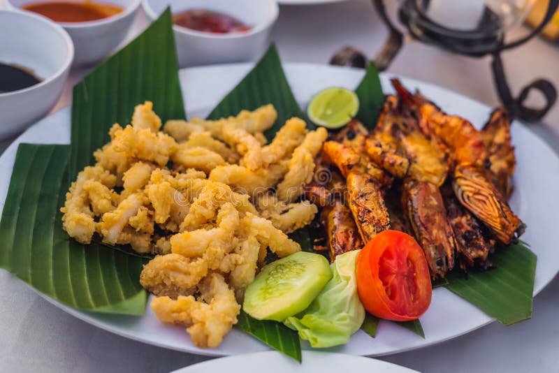 Fried Seafood for Lunch in Jimbaran Bay, Bali Stock Image Image of