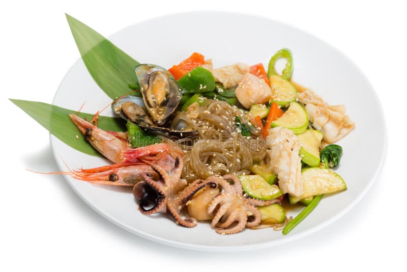 Fried seafood with vegetables and rice noodles royalty free stock image Fried seafood with vegetables and rice noodles royalty free stock image