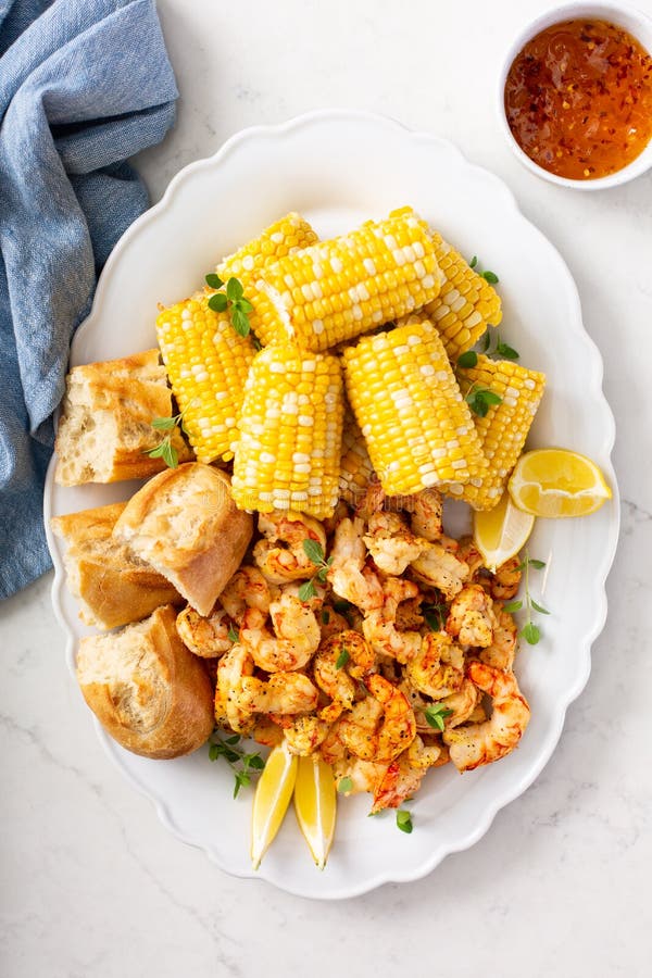 Fried Shrimp and Corn on the Cob Stock Photo Image of food, dish