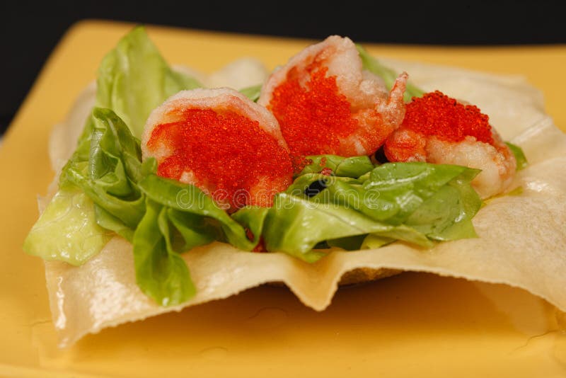 Fried Shrimp with Flying Fish Roe on Lettuce Leaves Stock Photo Image