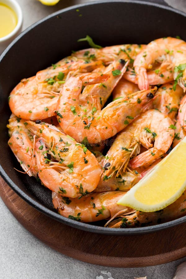 Fried Shrimps in Shell with Parsley, Coriander, Garlic and Oil in Pan ...