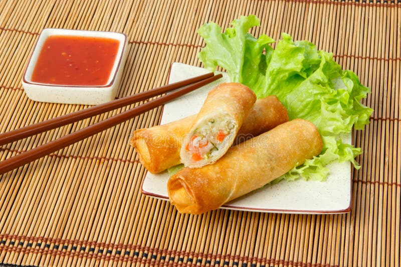 Fried Spring Rolls, One Cut, on a Plate Stock Image - Image of lettuce ...