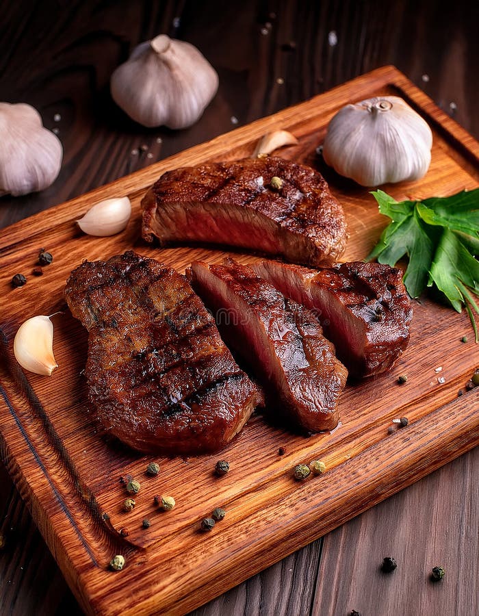 Fried steak pieces on a wooden board and garlics vector illustration