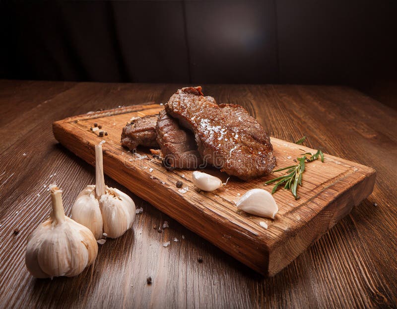 Fried steak pieces on a wooden board and garlics royalty free illustration