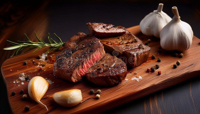 Fried steak pieces on a wooden board and garlics vector illustration