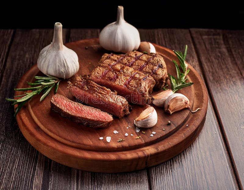 Fried steak pieces on a wooden board and garlics stock illustration