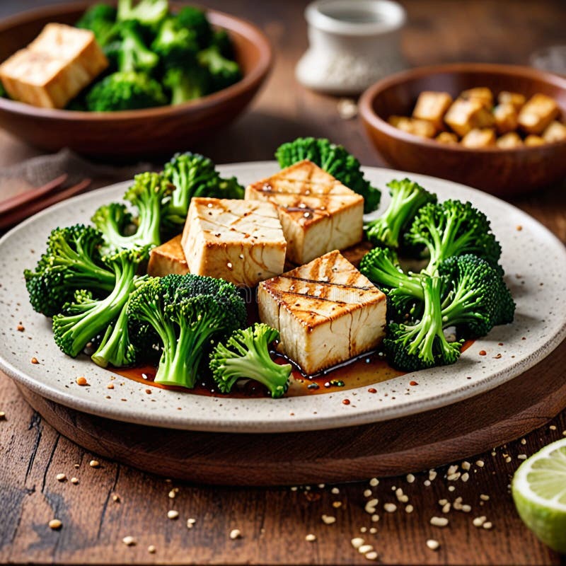 Fried tofu and broccoli stock illustration. Illustration of soup