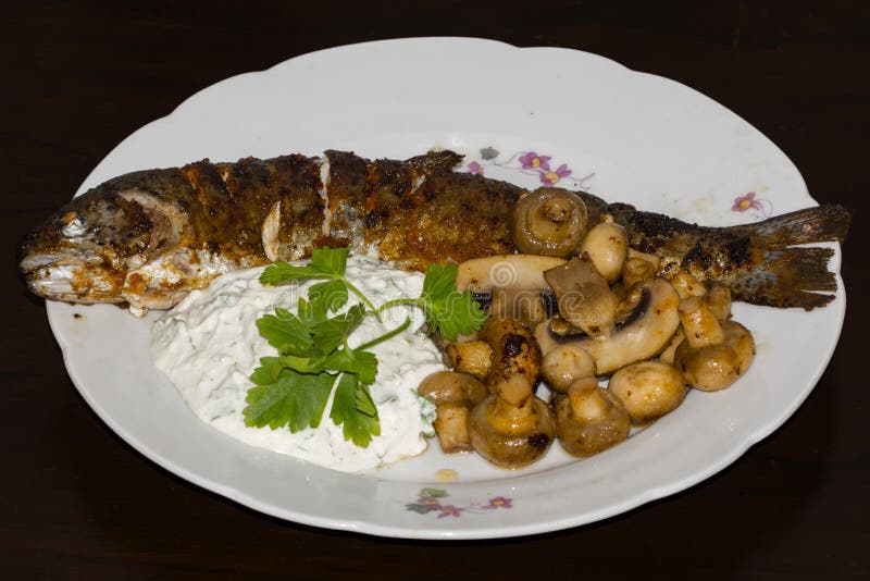 Fried Trout, Mushroom and Cottage Cheese Sauce Stock Photo Image of