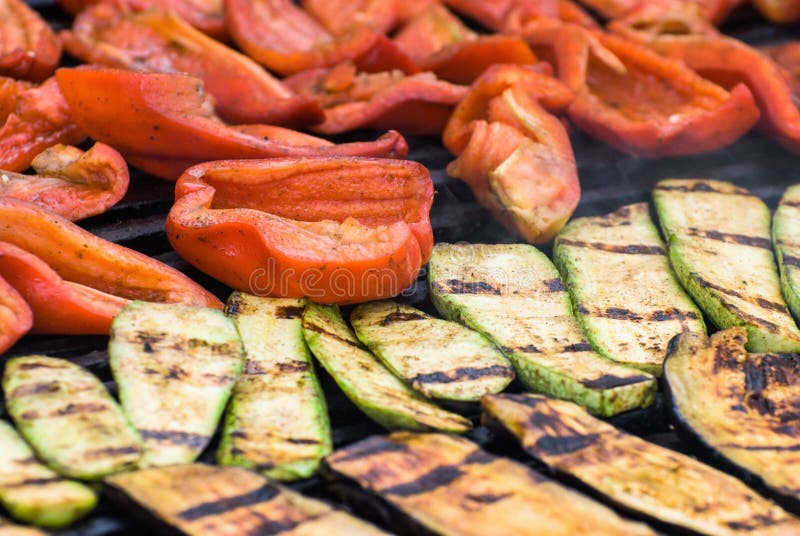 Fried vegetables on the grill, including eggplant, pepper, horizontal photo. royalty free stock photos Fried vegetables on the grill, including eggplant, pepper, horizontal photo. royalty free stock photos
