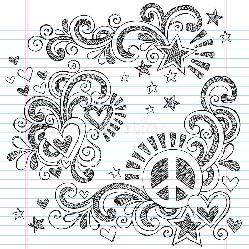 Frieden und Liebe zurück zu Schulflüchtiger Notizbuch-Gekritzel-Vektor-Illustration