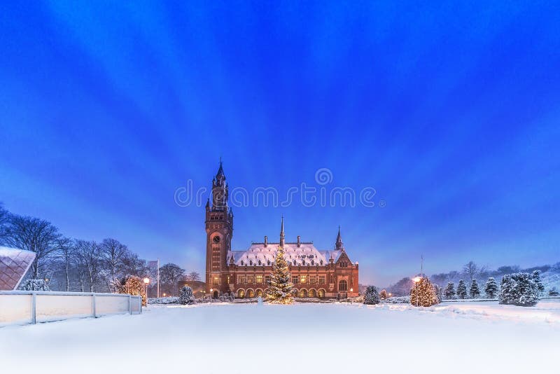 Winter and Christmas falls on the Peace Palace, the most visited tourist spot, seat of the international Court of Justice in The Hague, Netherlands. Winter and Christmas falls on the Peace Palace, the most visited tourist spot, seat of the international Court of Justice in The Hague, Netherlands