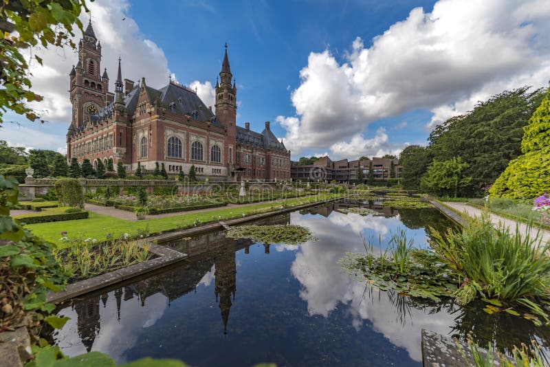 Pond and mirror of the Peace Palace Seat of the International Court of Justice, principal organ of the United Nations located in The Hague, Netherlands. Pond and mirror of the Peace Palace Seat of the International Court of Justice, principal organ of the United Nations located in The Hague, Netherlands