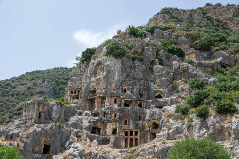 Necropolis of Lycian rock-cut tombs of the ancient city of Myra in Demre, Antalya Province, Turkey. Necropolis of Lycian rock-cut tombs of the ancient city of Myra in Demre, Antalya Province, Turkey