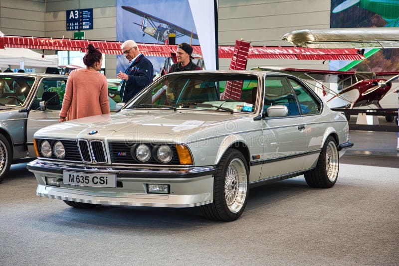 FRIEDRICHSHAFEN - MAY 2019: silver BMW E24 M 635 CSi 1983 coupe at Motorworld Classics Bodensee on May 11, 2019 in Friedrichshafen