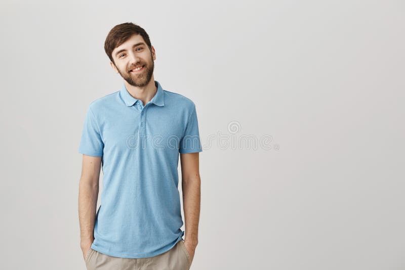 Friendly Attractive European Bearded Man in Blue Polo Shirt Smiling ...