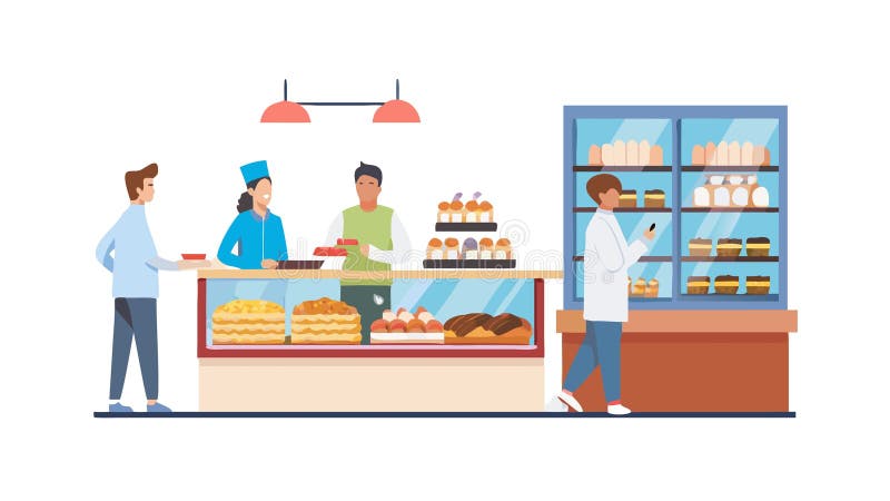 Friendly Bakery Counter with Staff and Customers, vector design Generative AI vector illustration