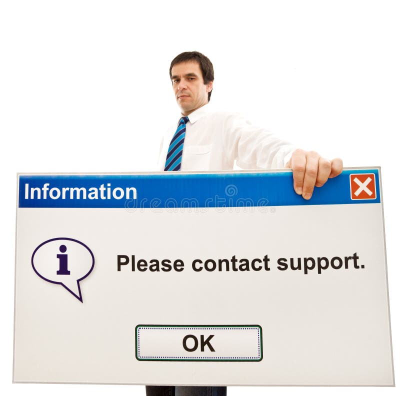 Friendly businessman holding computer message box - isolated, wide angle. Friendly businessman holding computer message box - isolated, wide angle