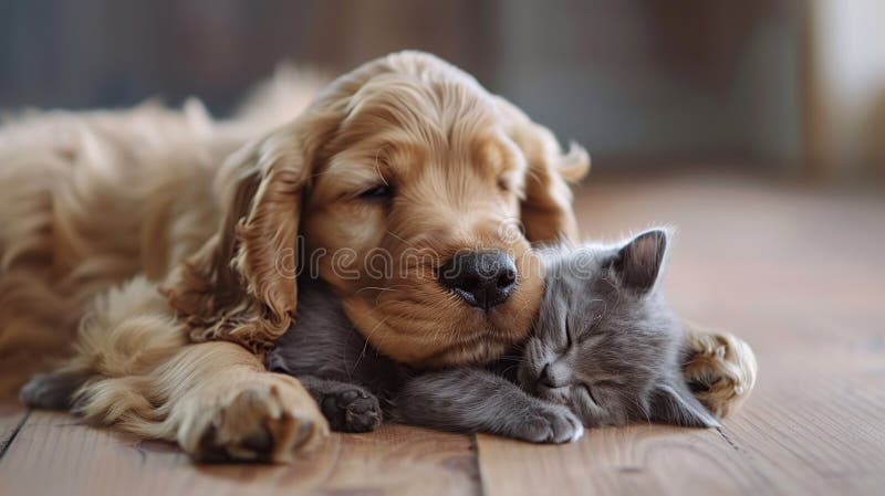 Friendly English Cocker Spaniel Puppy Hugs Tiny Gray Kitten, Generative AI