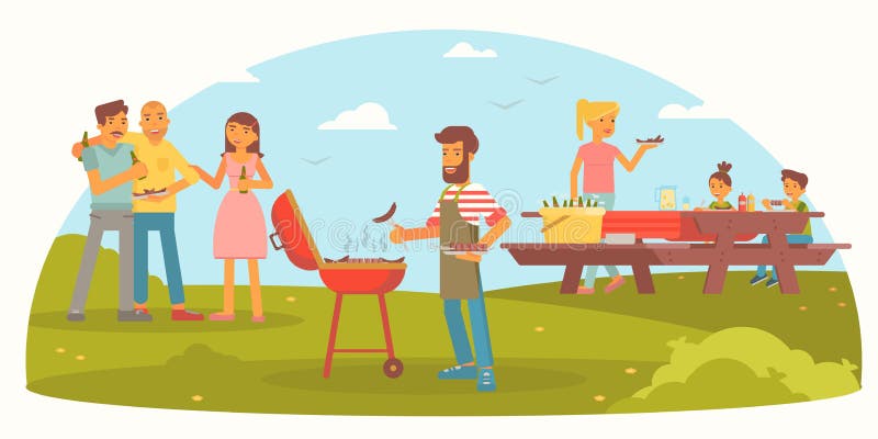 Friendly-familjen på en platt bild av picnic-färg stock illustrationer